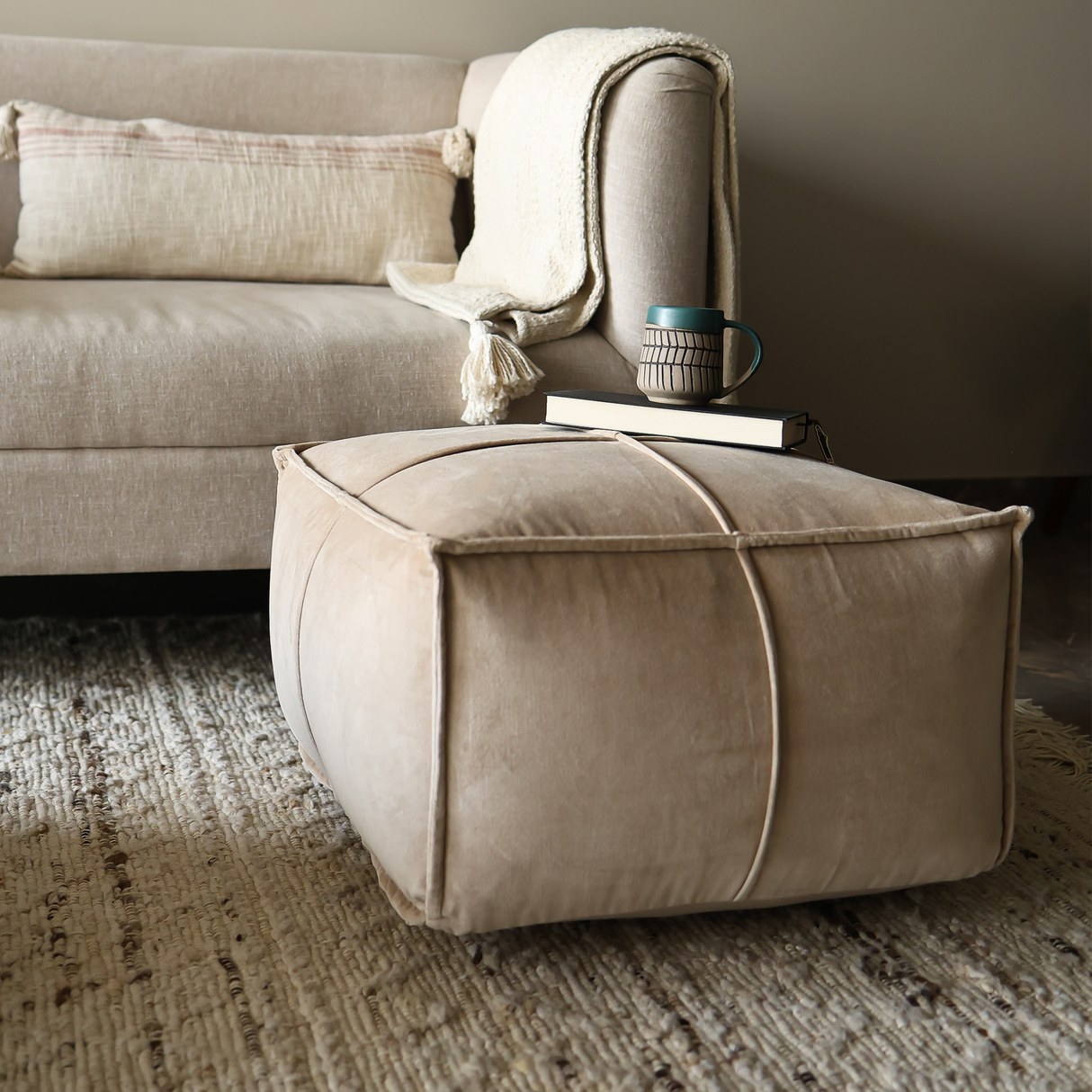 Tomos Beige Cotton Pouffe